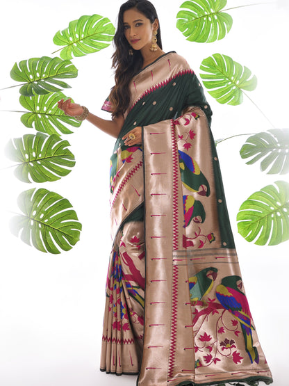 Jungle Green Woven Paithani Saree