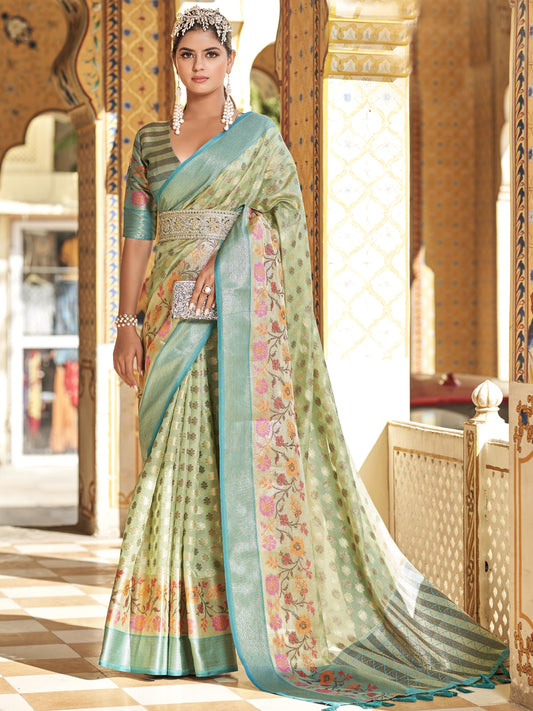 Chartreuse Green Tissue Silk Saree