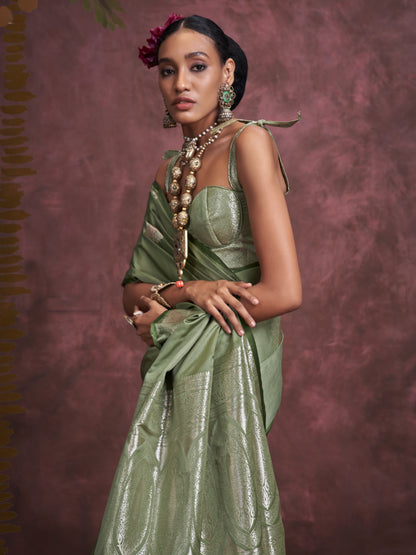 Shamrock Green Woven Banarasi Satin Silk Saree