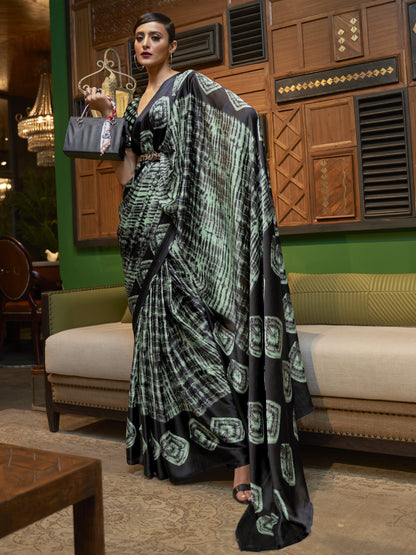 Green & Black Satin Silk Printed Saree