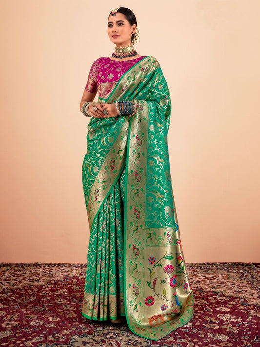 Cool Green Woven Paithani Silk Saree with Contrast Blouse