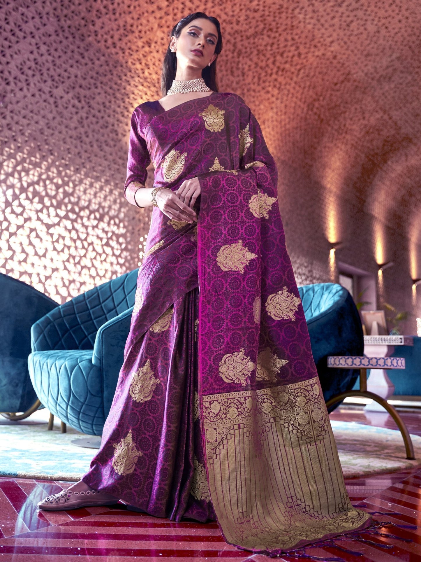 Dark Magenta Satin Silk Banarasi Saree