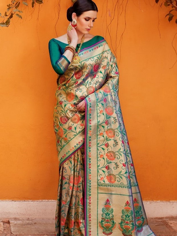 Golden Blue Paithani Saree