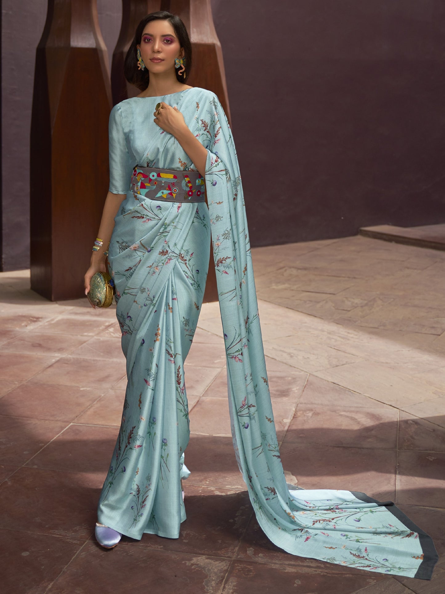 Soft Blue Digital Print Satin Crepe Saree