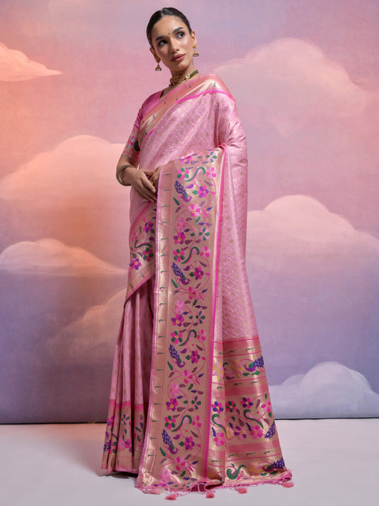 Baby Pink Woven Paithani Silk Saree