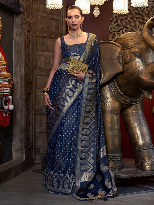 Oxford Blue Woven Banarasi Satin Silk Saree