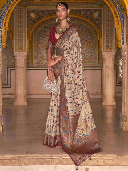 Beige Cream Patola Paithani Silk Saree