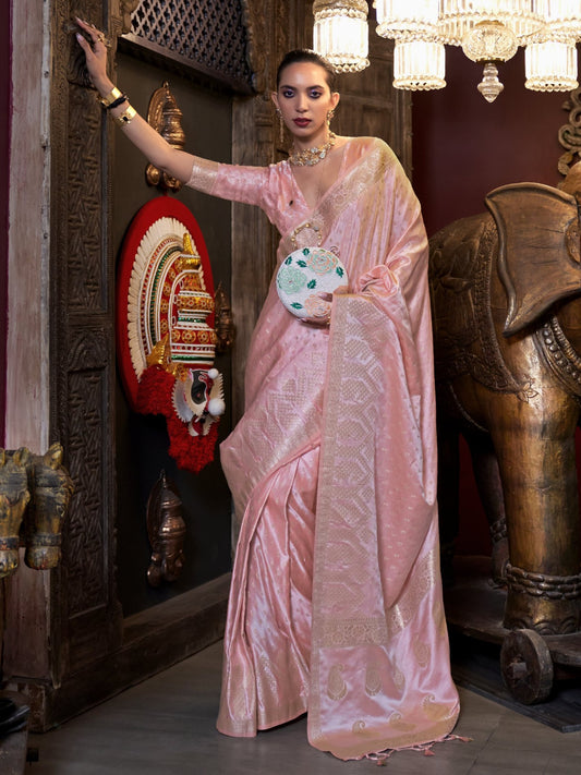 Pastel Pink Woven Banarasi Satin Silk Saree