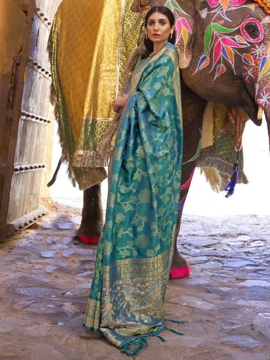 Dark Cyan Woven Banarasi Saree