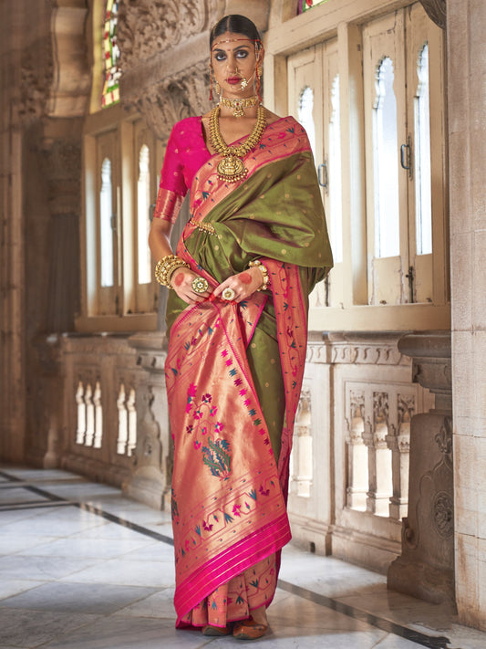 Moss Olive Woven Paithani Saree