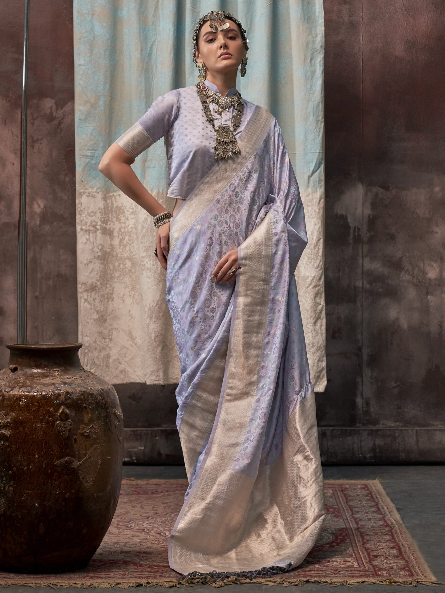 Stone Blue Woven Banarasi Satin Silk Saree