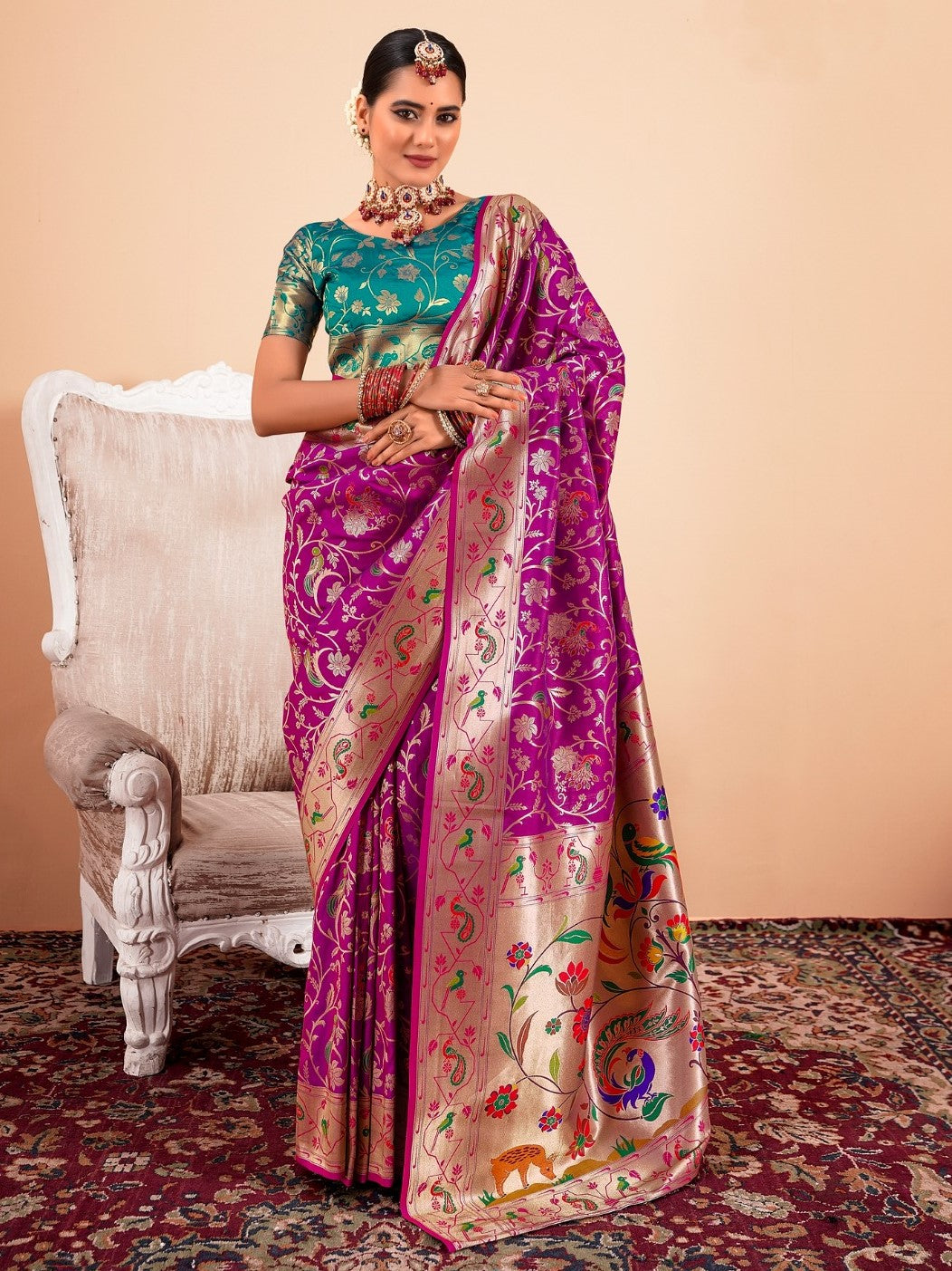 Rani Purple Woven Paithani Silk Saree with Contrast Blouse