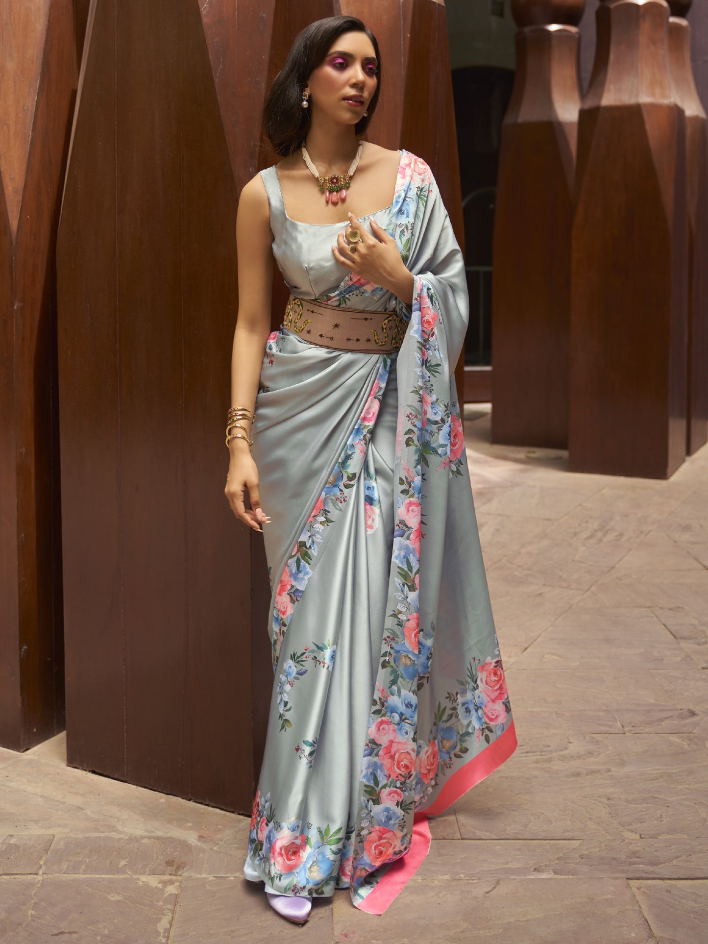 Cool Gray Digital Print Satin Crepe Saree