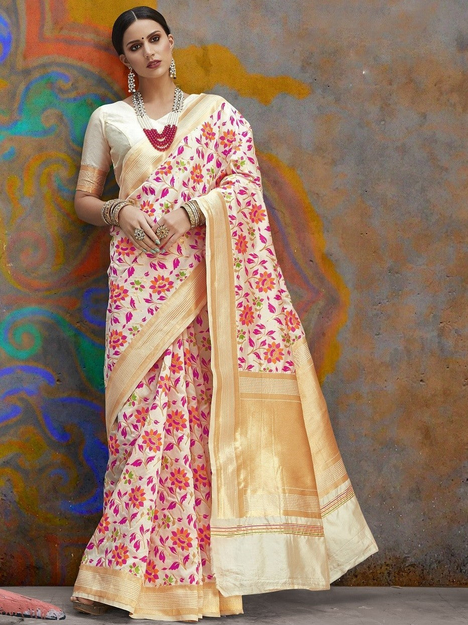 Floral White Paithani Saree