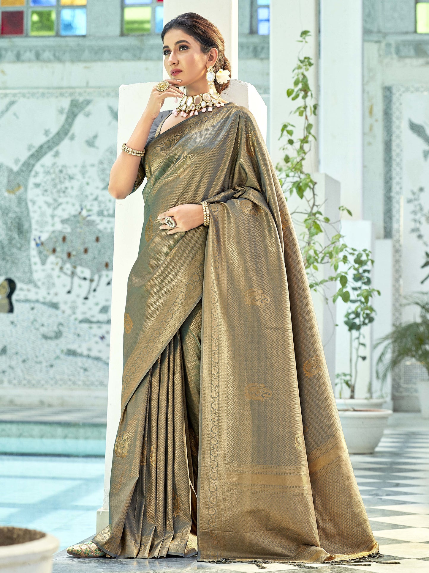 Stone Gray Kanjivaram Saree