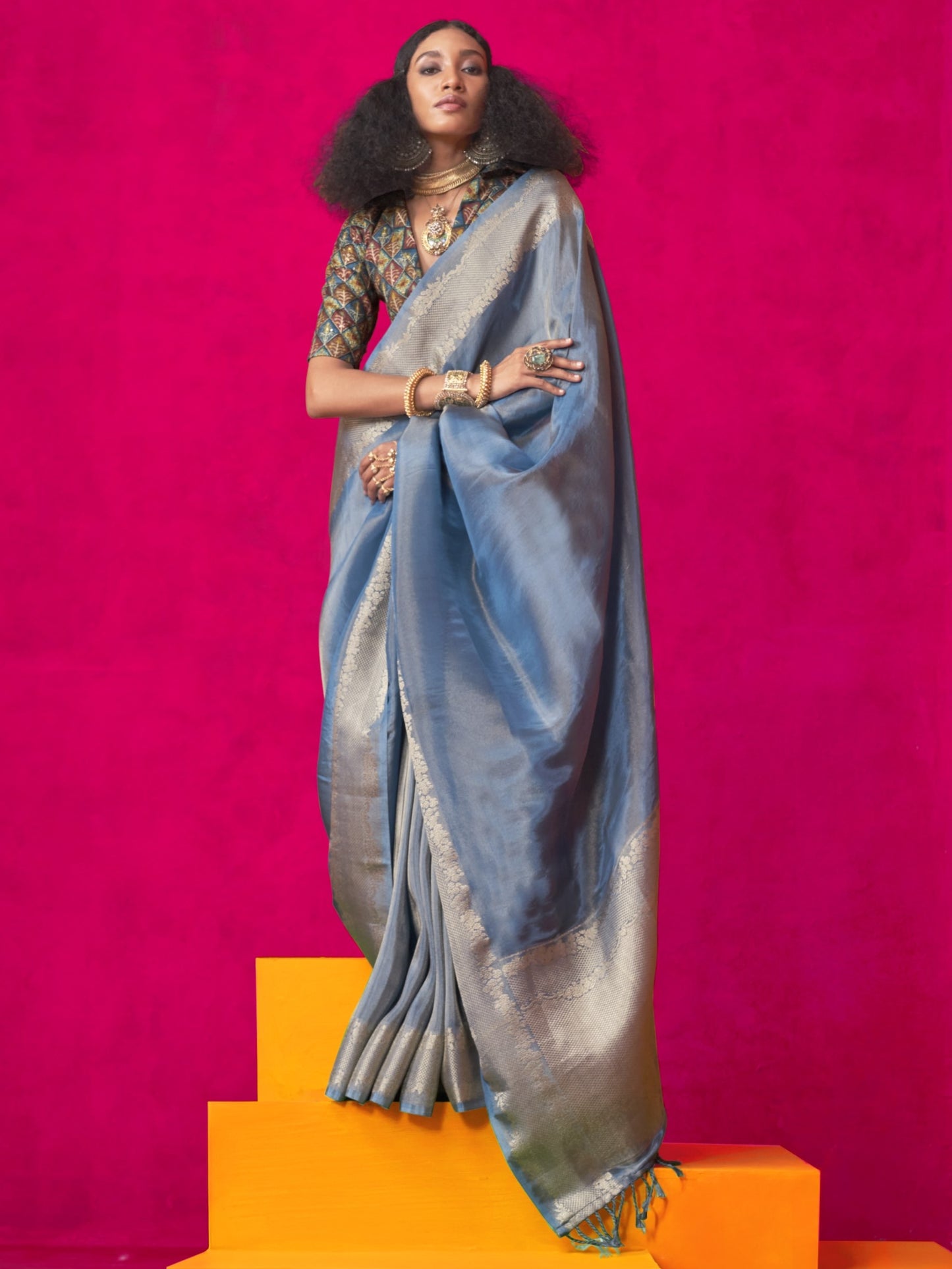 Steel Blue Zari Woven Tissue Silk Saree with Contrast Blouse