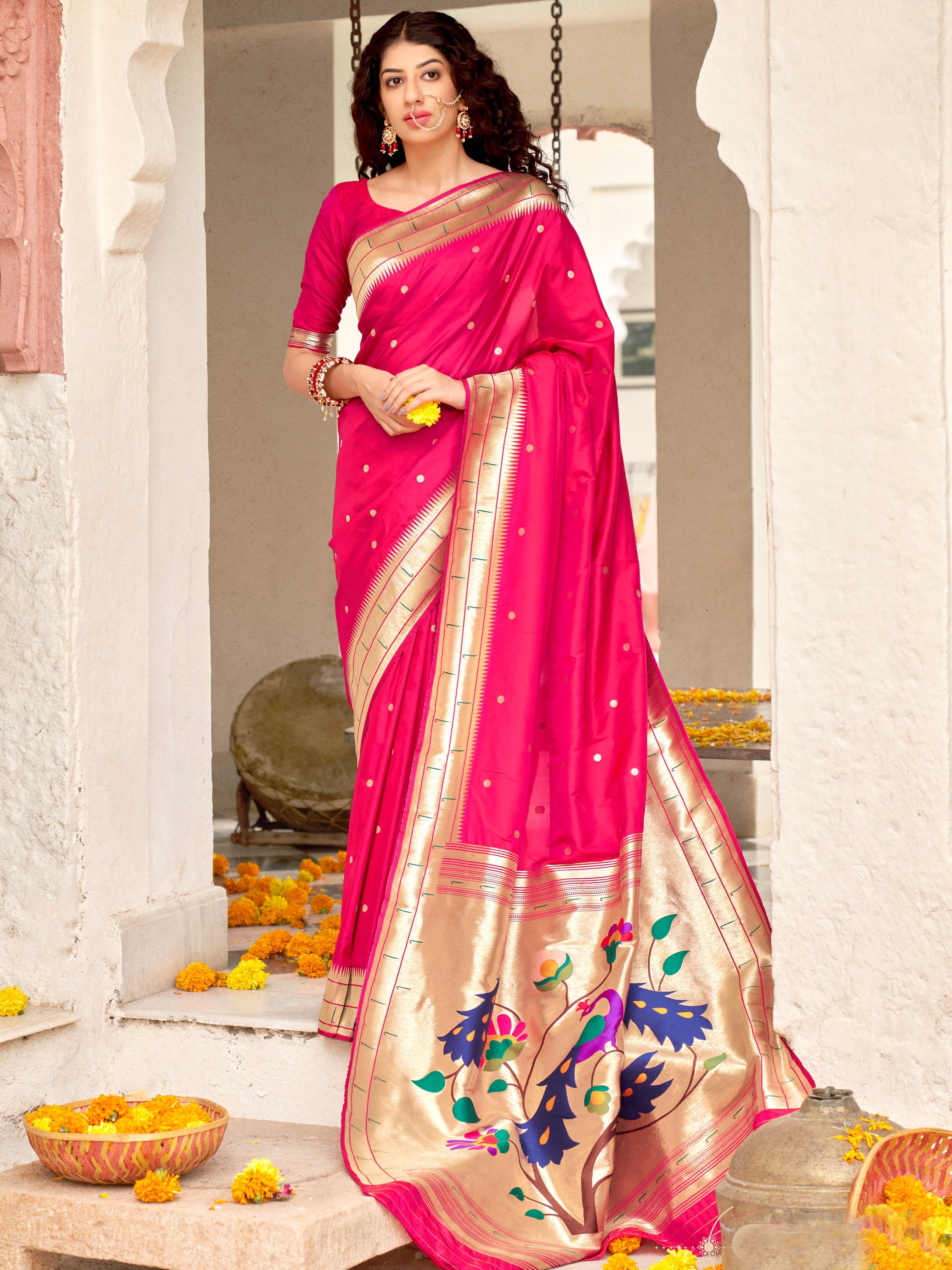 Bright Red Woven Paithani Silk Saree – Zari Banaras