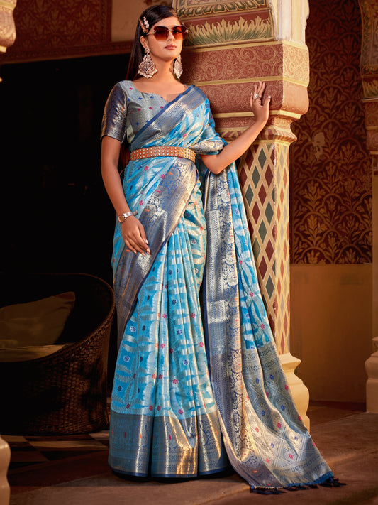 Deep Sky Blue Tissue Silk Saree