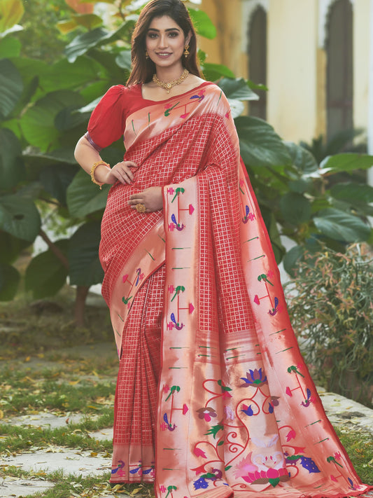 Carmine Red Paithani Saree