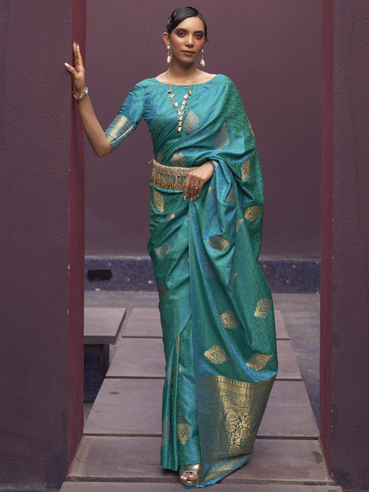 Sea Blue Satin Silk Banarasi Saree