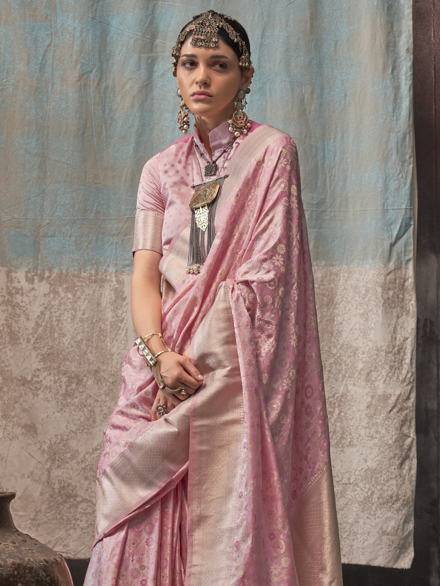 Faint Pink Woven Banarasi Satin Silk Saree