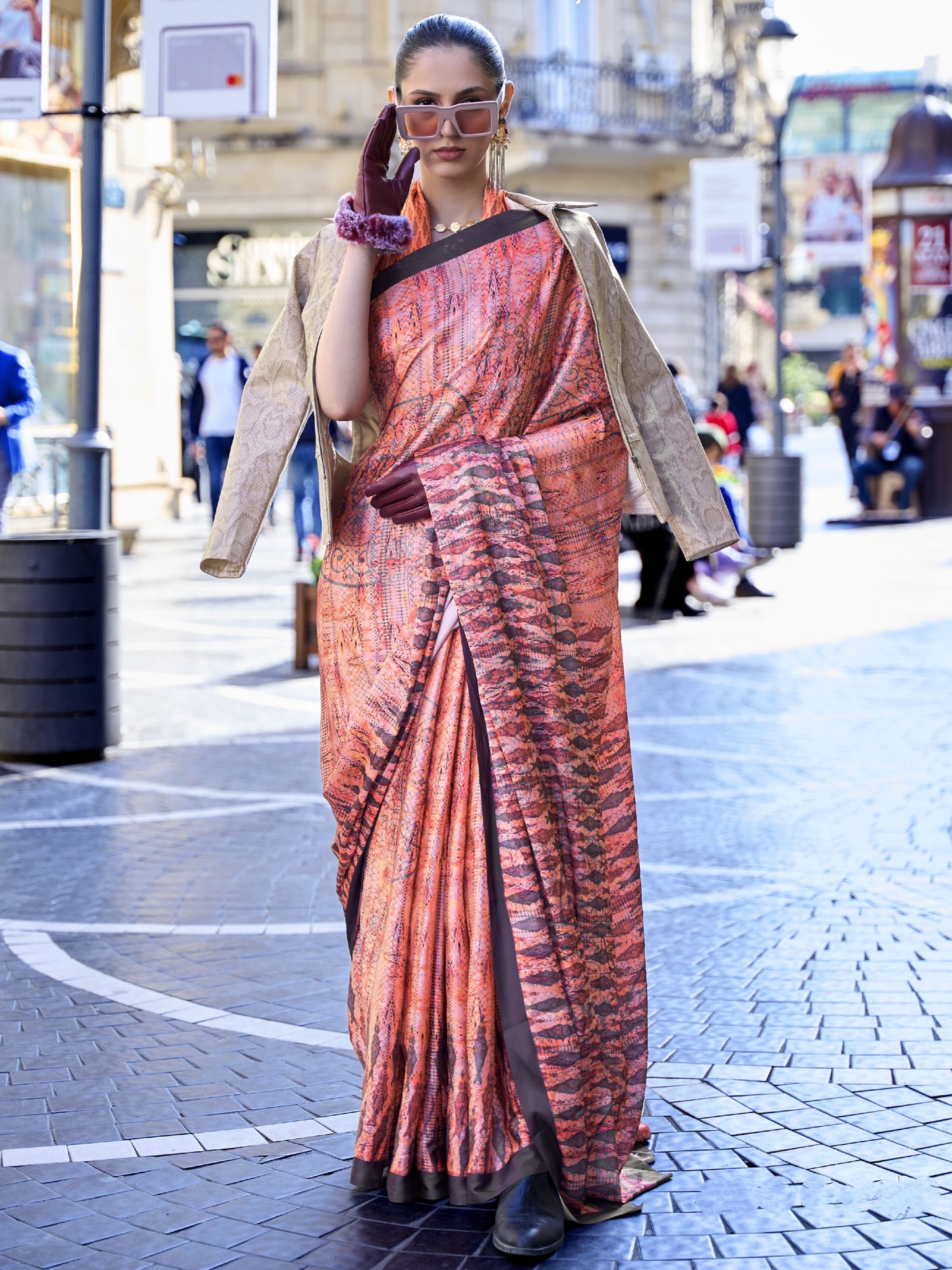 Tangerine Orange Satin Crepe Print Saree