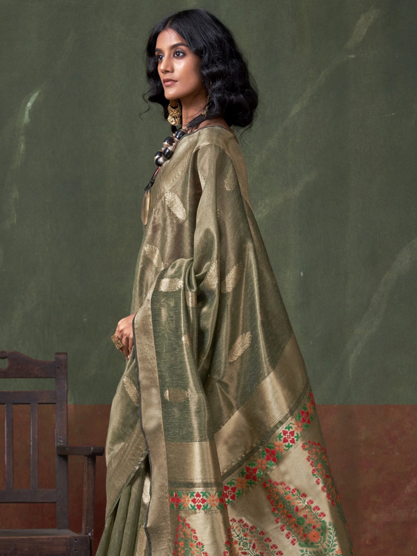 Olive Green Woven Paithani Tissue Silk Saree