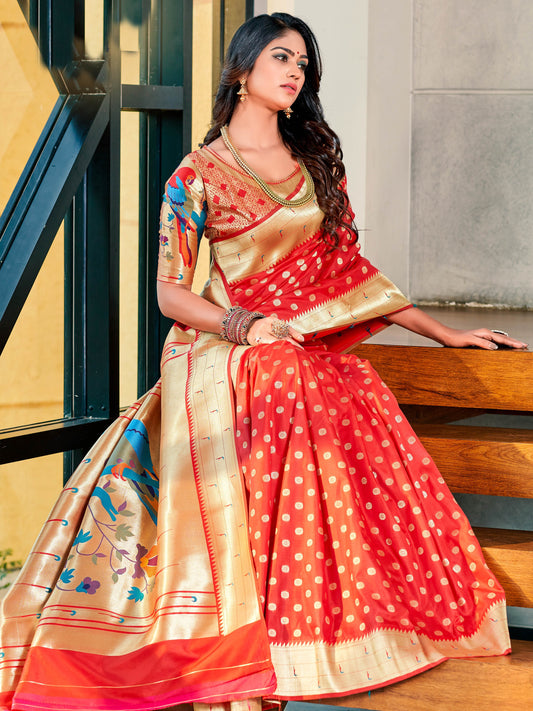 Cherry Red Paithani Saree