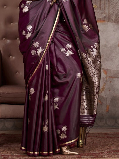 Burgundy Brown Woven Banarasi Satin Silk Saree