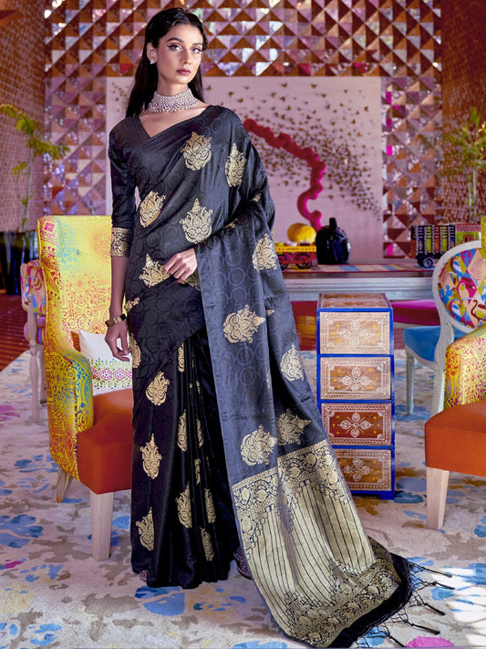 Midnight Black Satin Silk Banarasi Saree