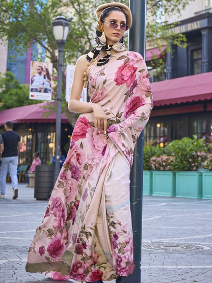 Classy Peach Floral Print Crepe Saree