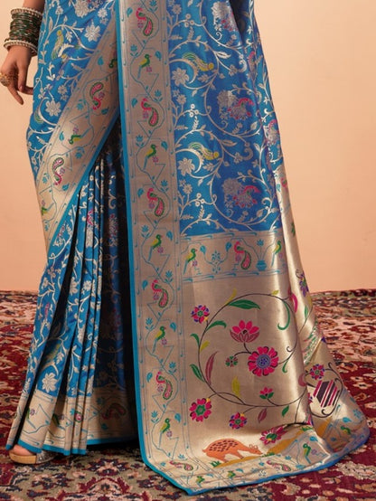 Cobalt Blue Woven Paithani Silk Saree with Contrast Blouse