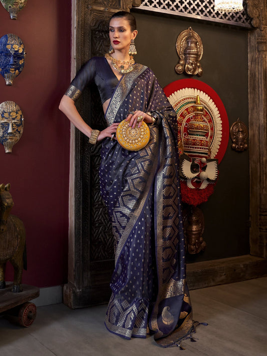 Deep Navy Blue Woven Banarasi Satin Silk Saree