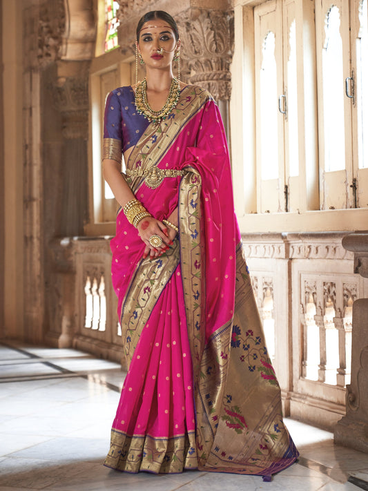 Neon Pink Woven Paithani Saree