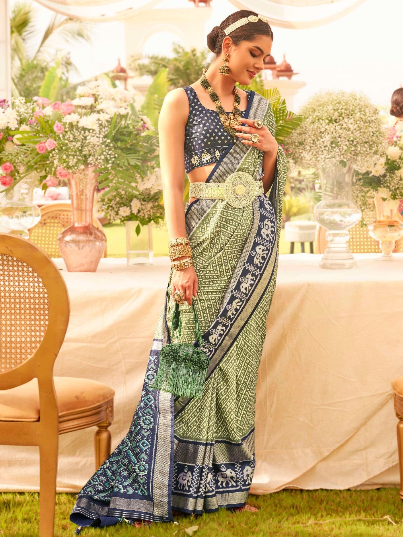 Sage Green and Blue Patola Saree