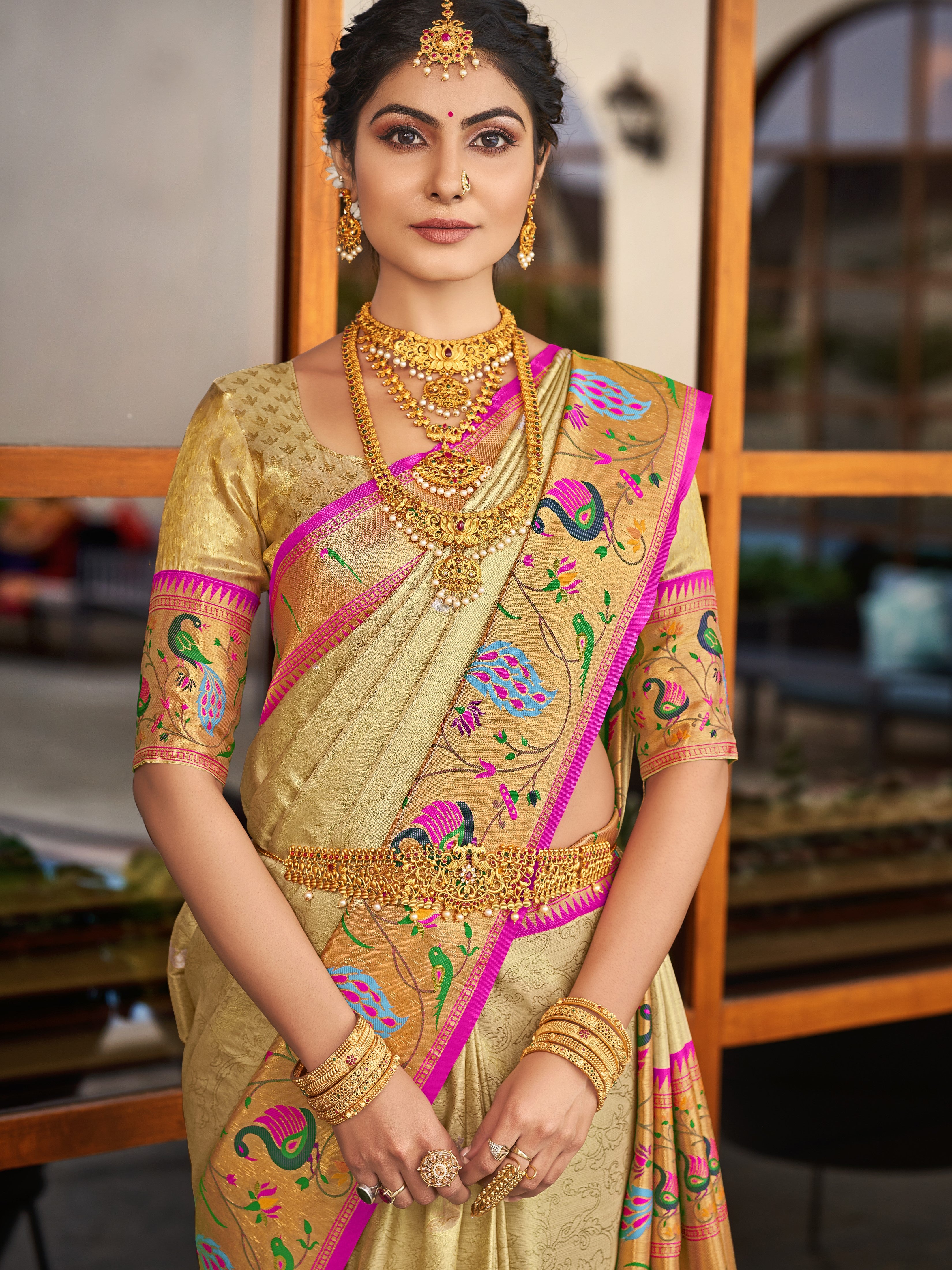 Buy the elegant Mango Yellow Woven Paithani Saree - Karagiri