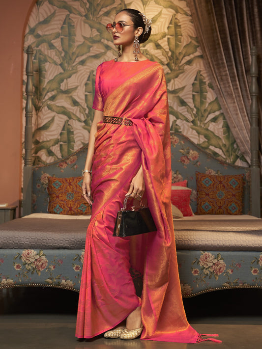 Coral Pink Woven Banarasi Saree