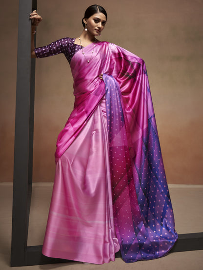 Unique Pink Satin Silk Printed Saree