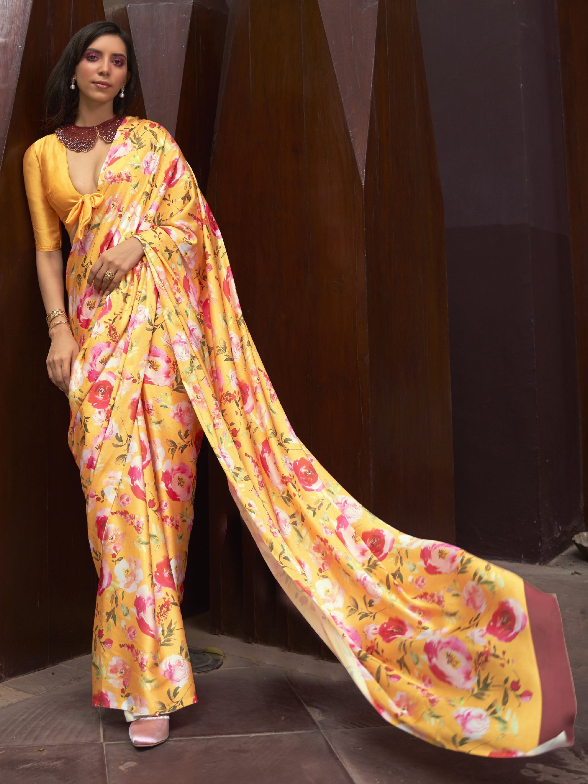 yellow satin saree