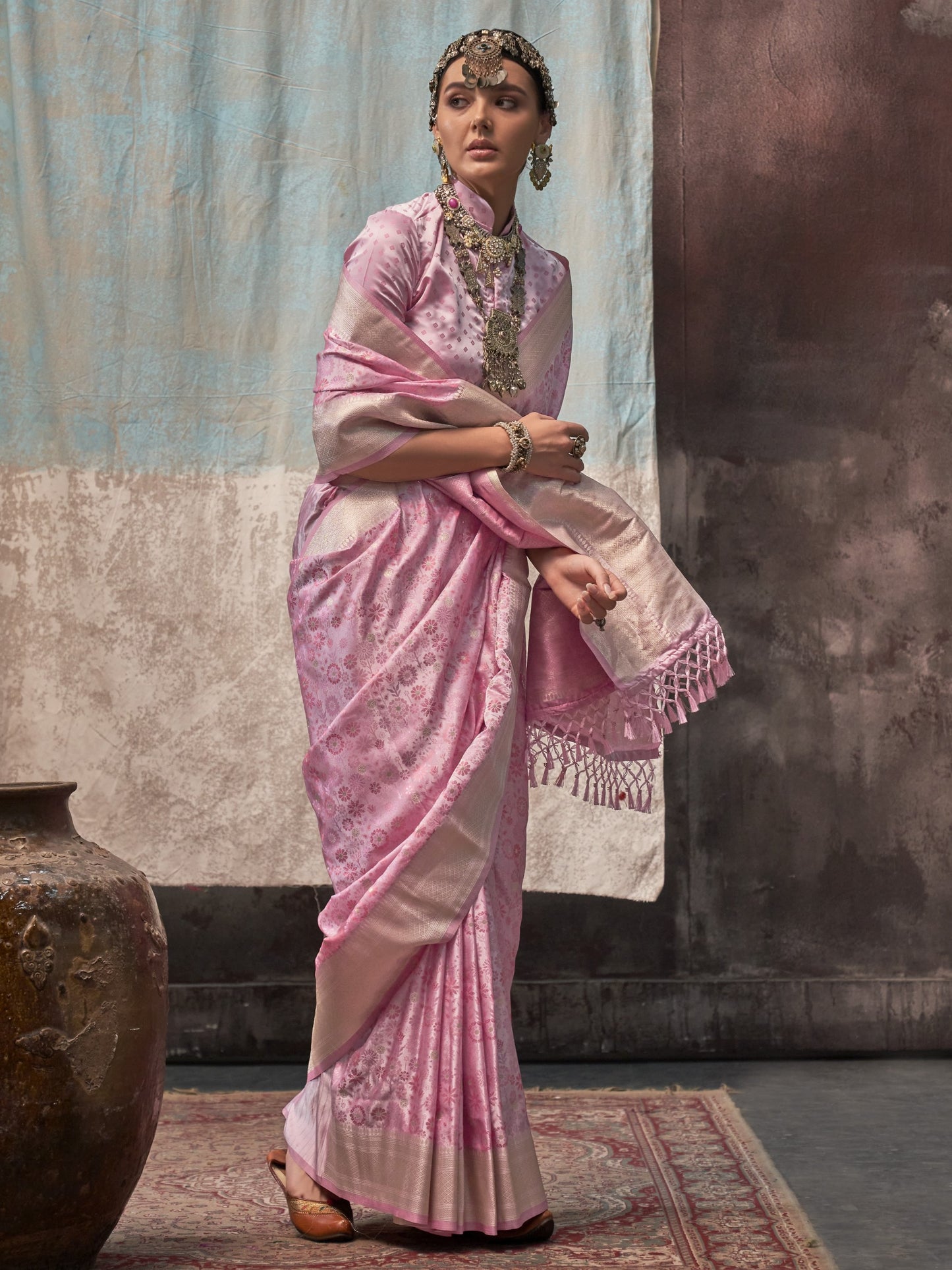 Blush Pink Woven Banarasi Satin Silk Saree