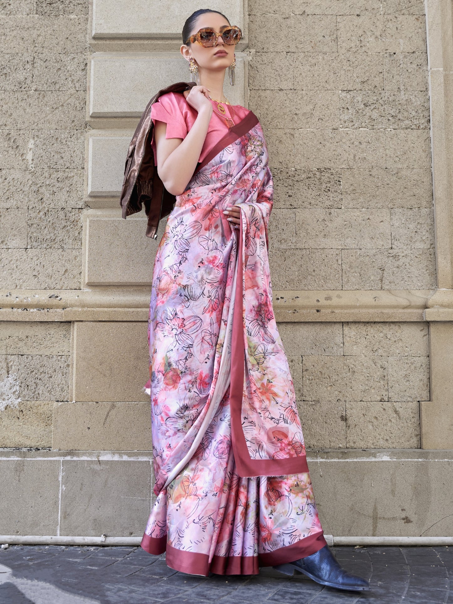 Pretty Pink Satin Crepe Printed Saree