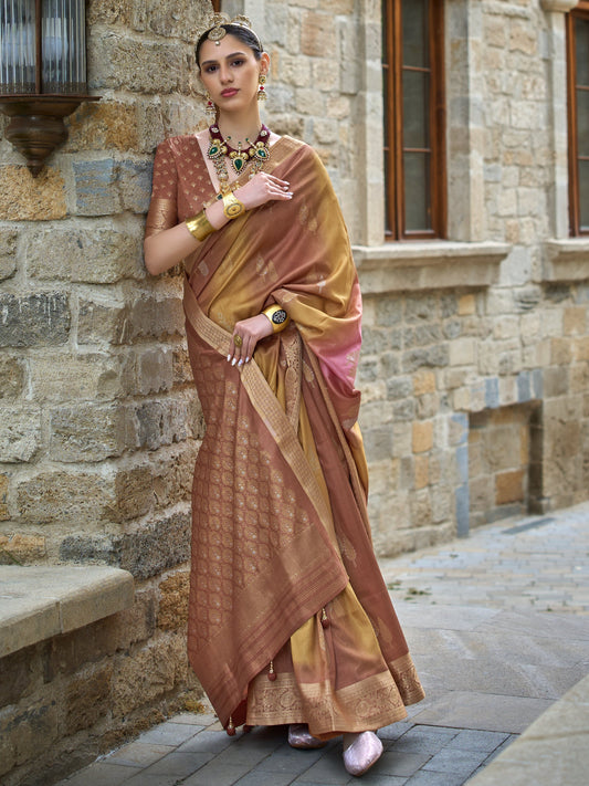 Mustard Brown with Yellow Banarasi Print Soft Silk Saree