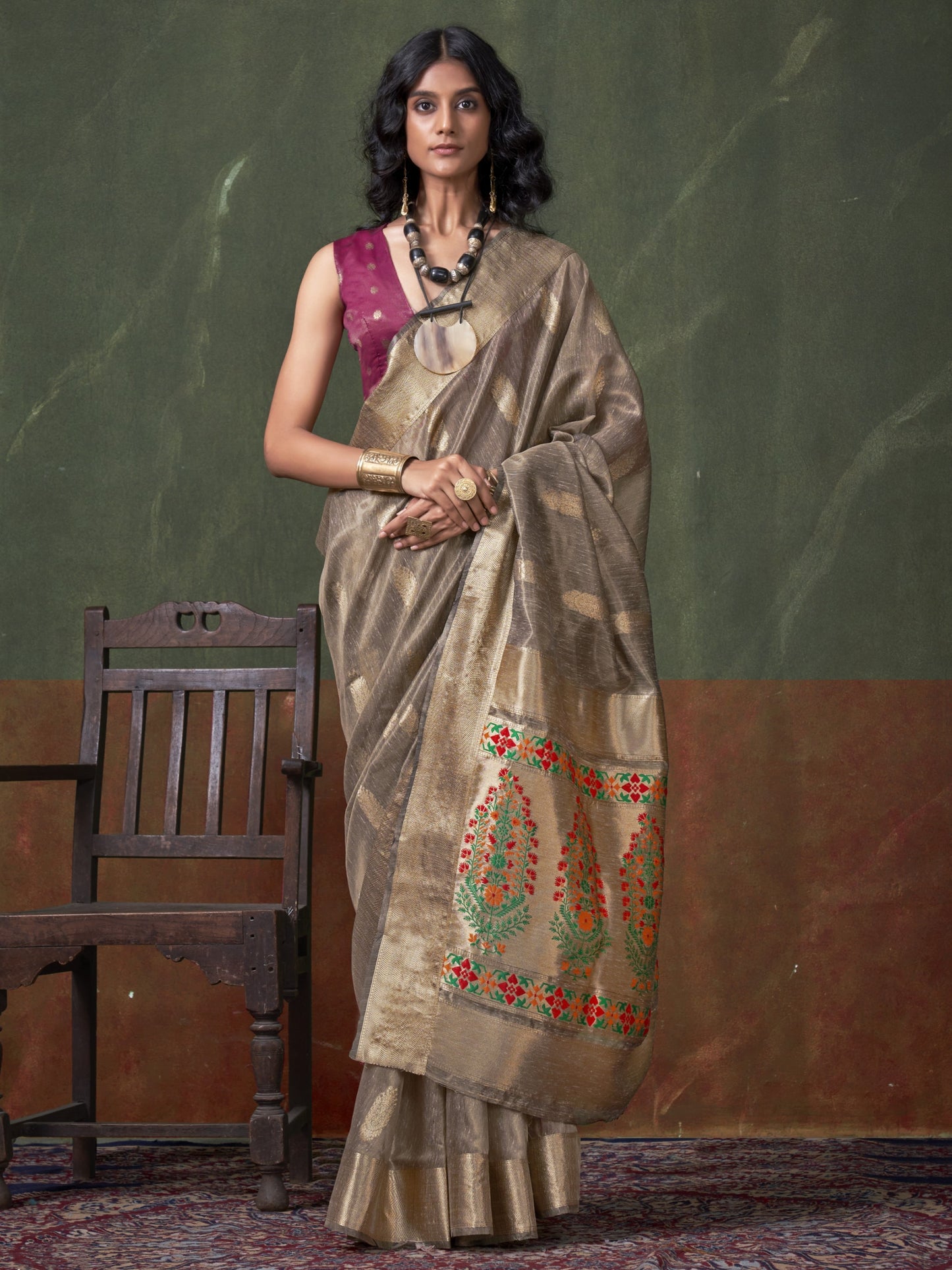 Fossil Gray Woven Paithani Tissue Silk Saree