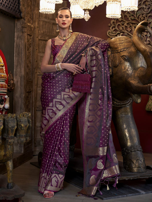 Deep Wine Woven Banarasi Satin Silk Saree