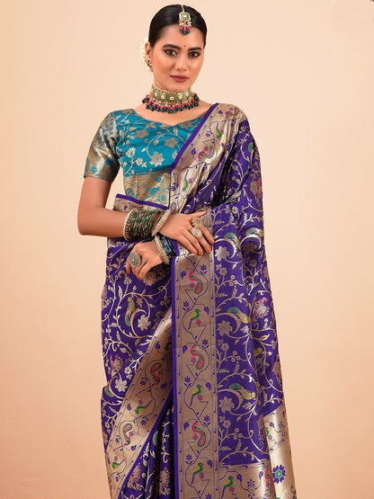 Royal Purple Woven Paithani Silk Saree with Contrast Blouse