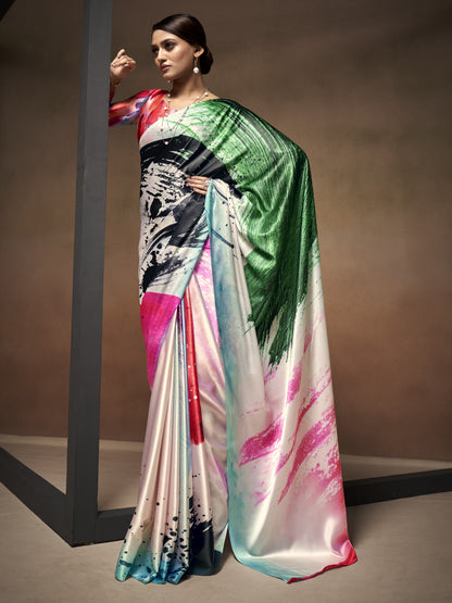 Multicolor Satin Silk Printed Saree