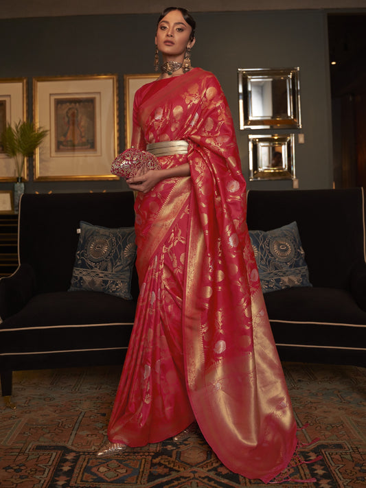 Carmine Red Woven Banarasi Saree