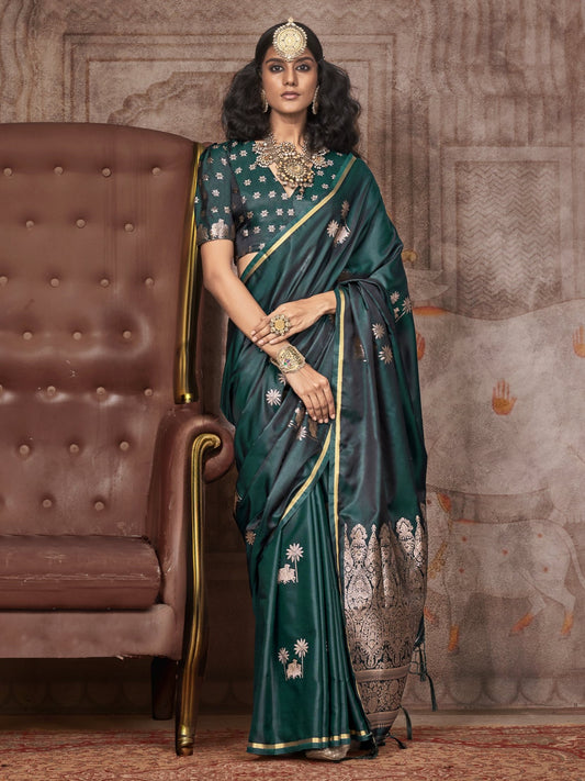 Bottle Green Woven Banarasi Satin Silk Saree