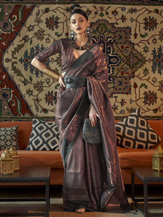 Coal Black Woven Banarasi Saree