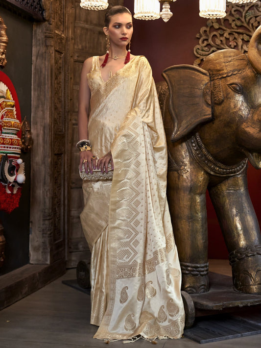 Off White Woven Banarasi Satin Silk Saree